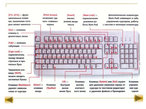 Описание расположения клавиш на стандартной клавиатуре