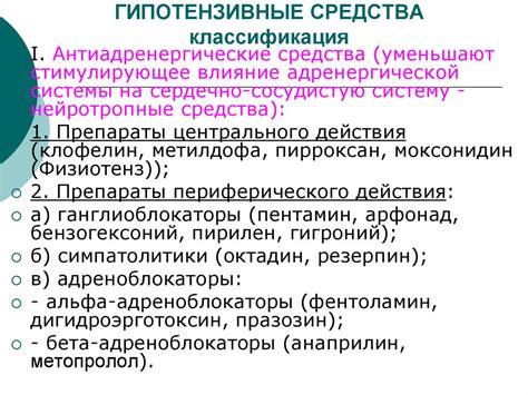 Основные группы гипотензивных препаратов